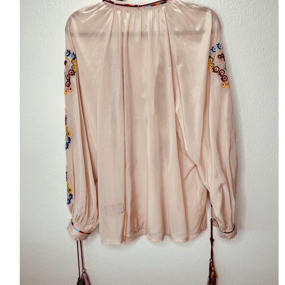 Fortela Ghodsi Tan Multicolor Beade Embroider Print Peasant Blouse 40 - Picture 9 of 16